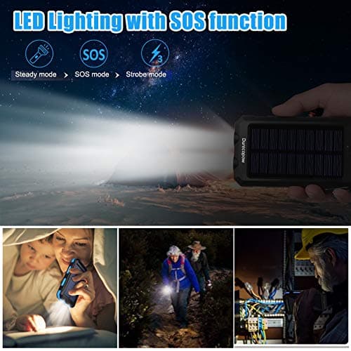 Solar Charger Power Bank, 20000mAh Portable Outdoor Waterproof Solar Battery Charger, Camping External Backup Battery Pack USB C Ports Input/Output, 2 Led Light Flashlight with Compass (Blue)