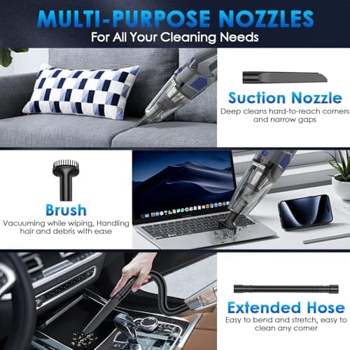 Handheld Vacuum Cordless, 15000PA Strong Suction Hand Held Car Vacuum Cleaner Rechargeable, Portable Hand Vacuum with Multi-Nozzles & Washable Filter for Home Office, Car, Pets