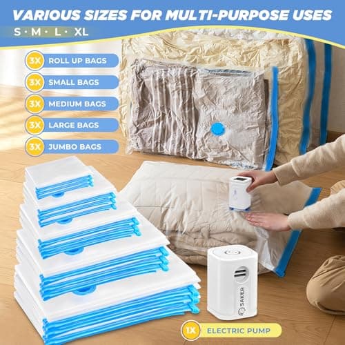 Saker Vacuum Storage Bags with Electric Pump, Space Bags Vacuum Storage Bags, 2-in-1 Pumping and Inflation, 15 Pack (3 Jumbo,3 Large,3 Medium,3 Small,3 Roll Up Bags) for Clothes, Bedding, Travel