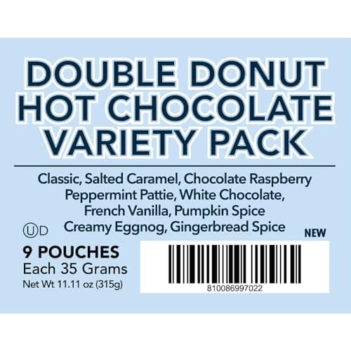 Double Donut Coffee Flavored Hot Chocolate Packets Variety Pack, 9 Count Includes Classic, Chocolate Raspberry, Salted Caramel, Peppermint, Eggnog & Gingerbread