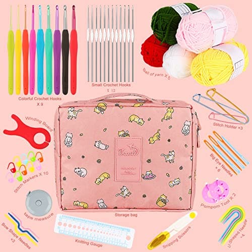 Aeelike Crochet Kit for Beginners Adults, Crochet Kits Include Yarn, 59pcs Crochet Starter Kit for Beginners Kids,Ergonomic Crochet Hooks 2.0-6.0 mm, Lace Steel Needles 0.6-1.9 mm