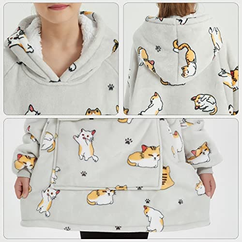KFUBUO Wearable Blanket Hoodie for Kids Sherpa Patterns Oversized Sweatshirt Blanket With Pocket 6-10 Year Old Girl Boy Birthday Gifts Cat