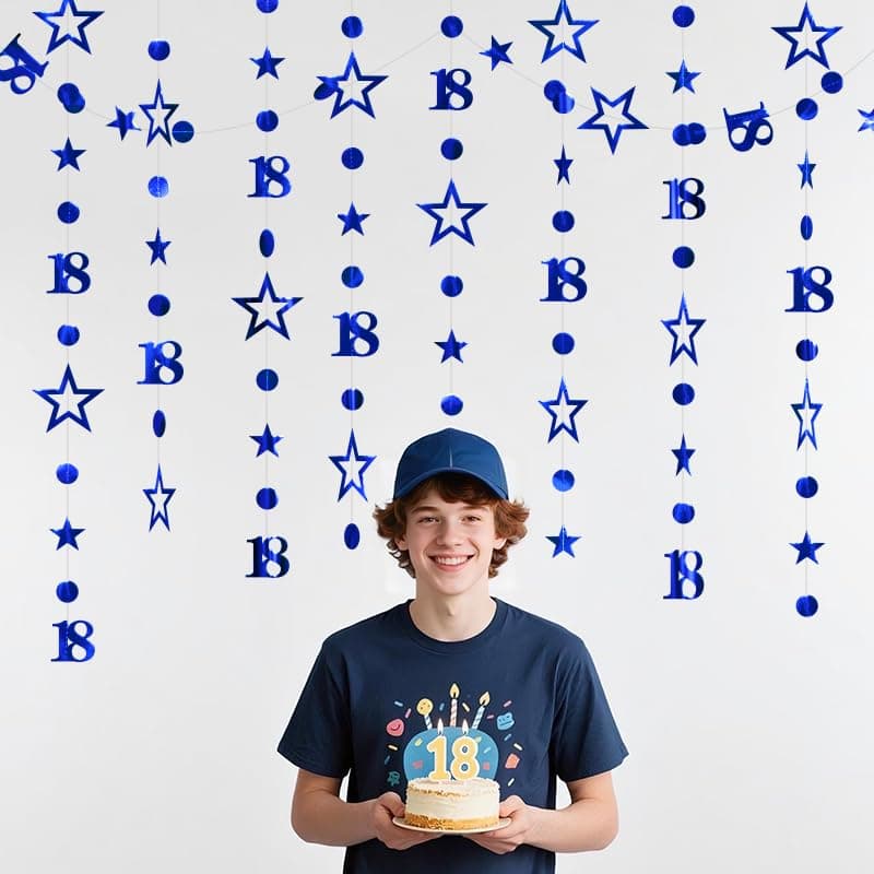 Blue 18th Birthday Garland Blue 18 Circle Dot Twinkle Star Streamer Happy Birthday Hanging Bunting Banner Backdrop for Boys Time to Adult 18 Years Old Party Decorations 30 Feet