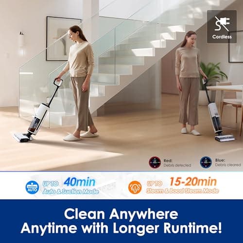Tineco Floor ONE S7 Steam Cordless Wet Dry Vacuum Steam Mop All-in-One, Floor Washer for Sticky Mess Clean Up on Hard Floors with Digital Display, Self-Cleaning, Edge Cleaning, Safe for Kids & Pets