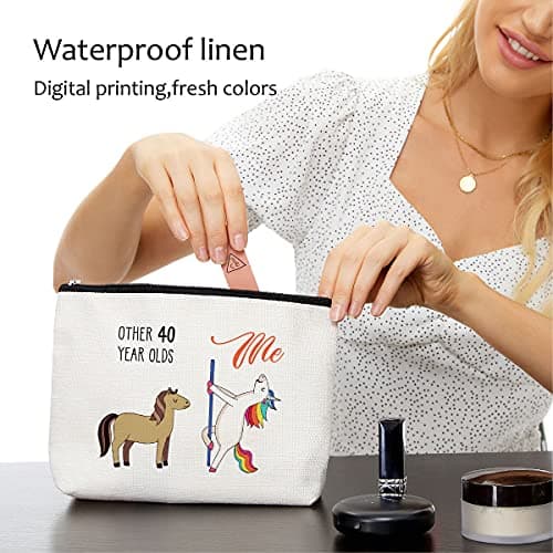 Blue Leaves 40th Birthday Gifts for Women - 1985 Birthday Gifts, 40 Years Old Makeup Bag, Waterproof, Linen, Beige, Zipper Closure, Fashion Pattern, Cosmetic Case