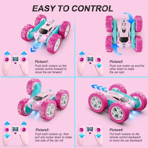 RC Cars, Pink Remote Control Car for Girls, 2.4 GHZ Double Sided RC Stunt Car 360° Rotating Remote Control Crawler with Headlights Car Toys for 6 7 8 9 10 11 12 Girls Birthday Gift Grandkids