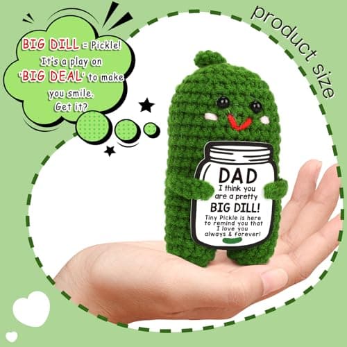 Fathers Day Gifts from Daughter or Son - Funny Crochet Pickle Plush with Big Dill Card - Unique Handmade Gift for Dad, Birthday, Christmas, New Dad Present