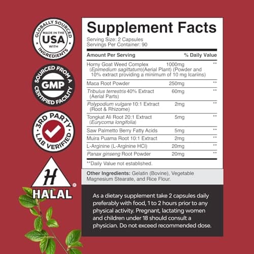 Horny Goat Weed for Men - Extra Strength Male Supplement with Black Maca Root, Tongkat Ali, Saw Palmetto & Panax Ginseng Extract for Stamina & Energy - 180 Capsules