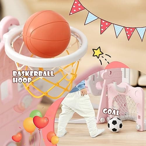 XJD 6-in-1 Toddler Slide and Swing Set, Kids Slide for Toddlers Age 1+, Toddler Outdoor Playset with Basketball Hoop, Football Frame, Swing, Outdoor Indoor Playground for Toddlers 1-3 (Pink)