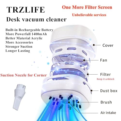 TRZLIFE Desk Vacuum Cleaner, Rechargeable and Durable Mini Desktop Vacuum with Bonus Accessories Desk Cleaner Sucks Tiny Items and Crumbs from Desktop Drawer Countertop Ideal as a White Elephant Gift
