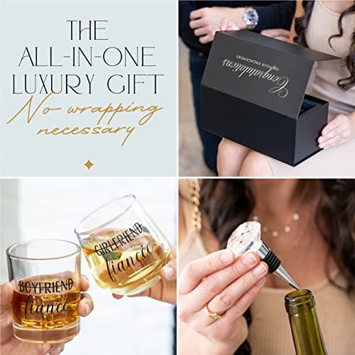 Engagement Gifts for Couples - Unique Fiance Gift for Him or Her! Whiskey Wine Glasses with Diamond Wine Stopper