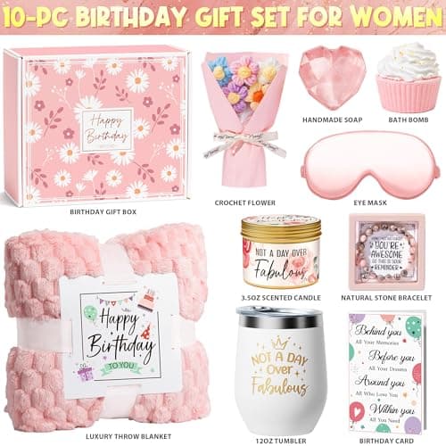 Birthday Gifts for Women Friendship, Unique Happy Birthday Gifts Basket for Mom Her Best Friend Sister Wife Girlfriend Coworker, Luxury Self Care Box Rose Relaxing Spa Gifts Set for Women with Blanket
