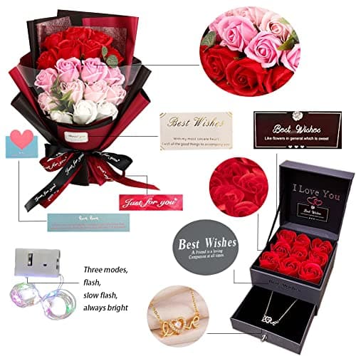 EIGHTOWN Roses Bouquet Artificial Flower - Preserved Red Rose Flowers with Love Necklace for Her - Unique Gifts Valentine's Day, Mother's Day, Thanksgiving, Birthday, Anniversary