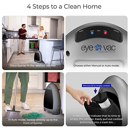 EyeVac Home Touchless Vacuum Automatic Dustpan - Great for Sweeping Pet Hair Food Dirt Kitchen - Ultra Fast & Powerful, No More Bending Down, Bagless, Corded, Automatic Sensors, 1000 Watt (Silver)