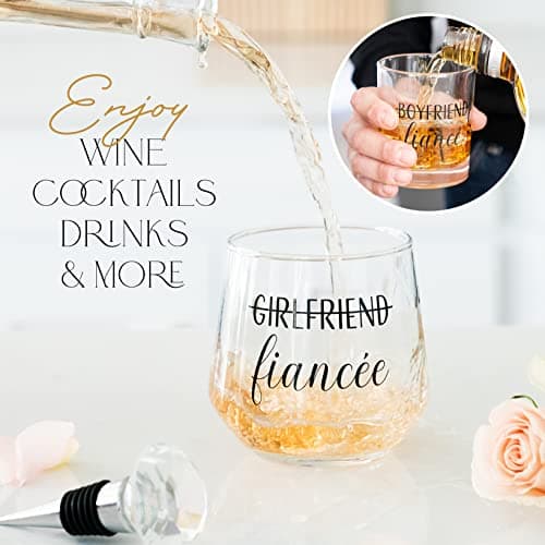 Engagement Gifts for Couples - Unique Fiance Gift for Him or Her! Whiskey Wine Glasses with Diamond Wine Stopper