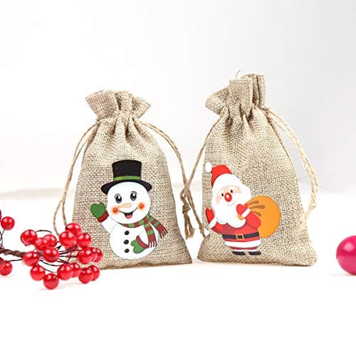 CCINEE 36pc Christmas Linen Bags with Drawstrings Christmas Burlap Goody Gift Bags with Double Jute Drawstrings, 4 designs Snowman, Santa Claus, Penguin and Reindeer
