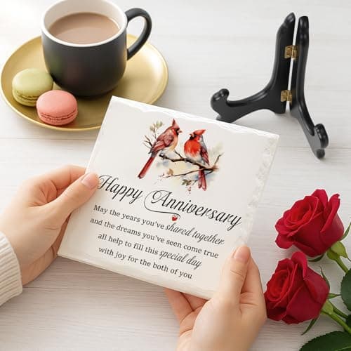 LukieJac Anniversary Couples Gifts - Cardinal Ceramic Plaque - Happy Anniversary Presents for Couples - Romantic Wedding Celebrate Keepsake Desk Decorations Christmas Gift