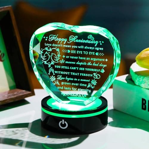 YWHL Wedding Anniversary Crystal Heart Gifts for Couple Parents, Happy Anniversary Marriage Gifts for Wife Husband Him Her Men Women with LED Base Romantic Presents for Girlfriend Boyfriend