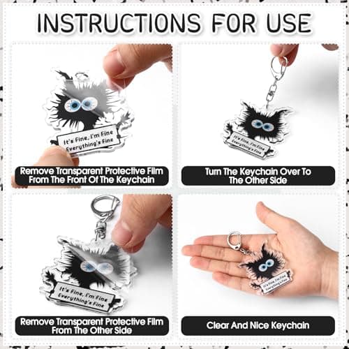 Funny Black Cat Keychains It's Fine Everything's Fine Appreciation Gifts for Cat Lovers Women Coworkers Employees
