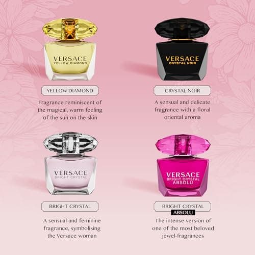 Versace Perfume for Women Set of 4 Mini, Bright Crystal, Yellow Diamond, Crystal Noir, Bright Crystal Absolu, Perfume for Women Fragrance Sampler Set Designer Womens Samples (4 Count, 0.17 oz)