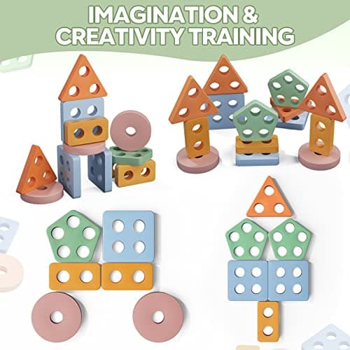 PEBIRA Montessori Toys for 1 2 Year Old, Wooden Sorting and Stacking Toys for Toddlers, Baby Shape Sorter and Color Stacker Blocks for Toddler, Preschool Learning Toy, Gift for 12-18 Month Boys Girls