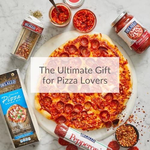 DeLallo Gourmet Pizza Kit Gift Basket, Includes Full-Sized Dough Kit, Tomato Sauce, Pepperoni Stick, and Premium Toppings, Italian Gift Basket for Pizza Lovers
