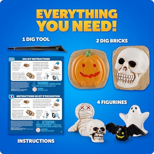 Blue Marble Halloween Dig Kit – Excavation Set with Skull & Pumpkin Dig Bricks, Includes Ghost, Mummy, Bat & Skull Figures, for Kids, Boo Basket Stuffers, Hands-On Activity