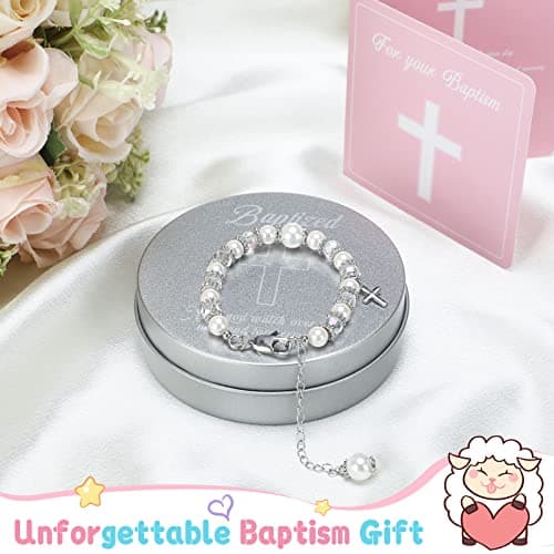 Haull 5 Pcs Christening Baptism Gifts Charms for Girls Granddaughter/Daughter Include 8.5 Inch Plush Lamb Toy Doll Pray Card with Gift Box Baptism Pearls Bracelet with Keepsake Box for Baby Shower