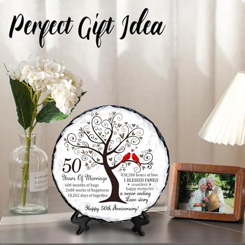 Golden Couple Slate Plate – 50th Wedding Anniversary for Parents, Gifts for Husband and Wife – Unique Decorative Keepsake Sign to Celebrate 50 Years of Love and Marriage