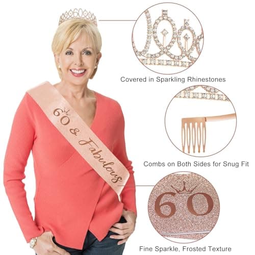 60th Birthday Decorations for Women, 33pcs Black Rose Gold Happy 60th Birthday Banner Crown and Sash Balloons Backdrop Hanging Swirls Paper Fans, 60 Years Old Party Supplies Kit