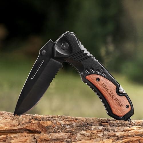 Gifts for Him Men Husband, Christmas Stocking Stuffers, Anniversary Birthday Gifts ideas for Him, Engraved Pocket Knife, Wooden Handle Folding Knife with Wood Box, Unique Outdoor Camping Hiking Tool