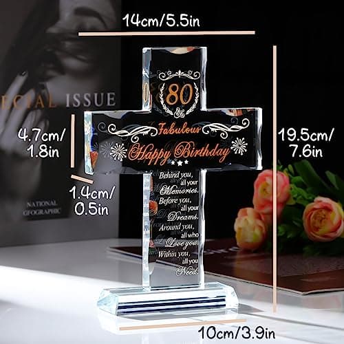 80th Birthday Religious Gifts for Women, Men, Friends, Grandma & Mom - Glass Stand Cross Engraved with 80 Year Old Birthday Blessing, Turning 80 Keepsake Home Decor