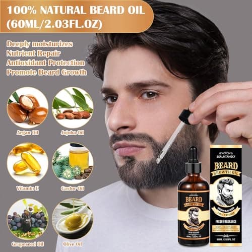 Beard Growth Kit, Grooming Set w/Growth Oil, Conditioner, Balm, Shampoo Wash, 0.25MM Roller, Brush, Comb, Scissor, Bag, Christmas Birthday Valentines Day Gifts for Him Men