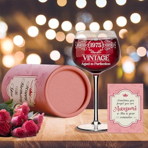 Vintage 1975 Engraved Wine Glass - 50th Birthday Gifts For Her - Cool Gifts For 50 Year Old Woman - 1975 Birthday Present - Fifty Women Gift Ideas - Turning 50 Cup for Wife, Sister, Daughter, Ladies