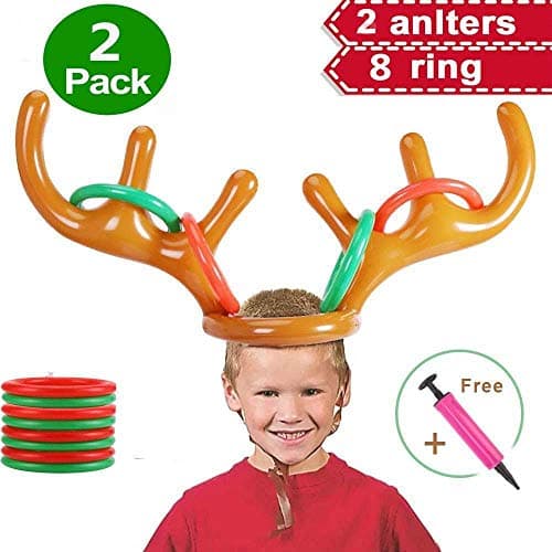 2PCS Christmas Party Toss Game Inflatable Reindeer Antler Hat with Rings for Kids Adults Family Xmas Fun Games(1 Pump，8 Rings, 2 Antlers)