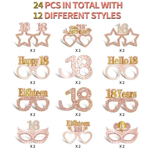 24PCS 18th Birthday Eyeglasses Decorations for Girls, Pink Rose Gold Happy 18th Birthday Paper Eyeglasses Party Supplies, Eighteen Year Old Bday Glasses Decor