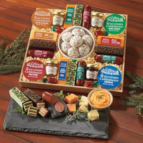 The Wisconsin Cheeseman 21 Favorites - Food Gift Box with Assorted Summer Sausage Meats, Cheese Bricks, Meats and Cheeses for Charcuterie Board Gift Basket