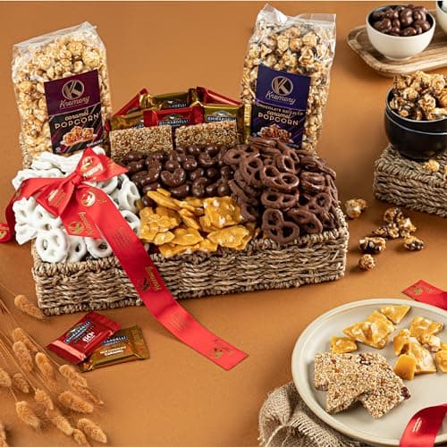 KREMERY Creamy Chocolate Cravings - Holiday Christmas Chocolate Covered Pretzels & Caramel Popcorn Gift Basket, in Seagrass Tray + Ribbon (Deluxe, 3.5 lbs) Xmas Treats Food Arrangement, Kosher