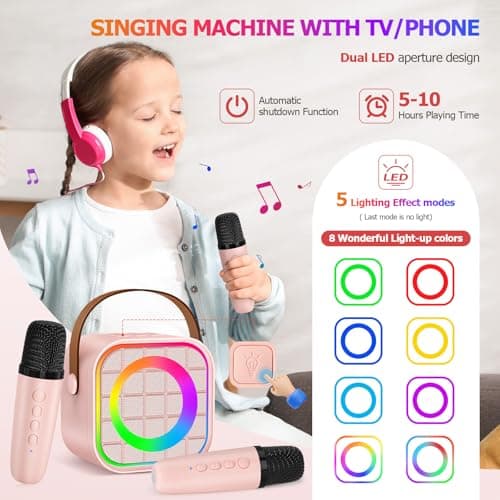 Mini Karaoke Machine with 2 Wireless Microphone, Portable Pink Bluetooth Speaker for Kids Adult, Birthday Teen Toys Gifts Ideas for Girls Ages 4 5 6 7 8 9 10 11 12+ Year Old, Family Home Party