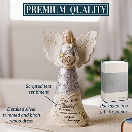Pavilion 'Happy 80th Birthday' 82475 Elements Angels - Polyresin Birthday Angel Figurine - Silver Hand-Painted Remembrance and Keepsake Gift Angel for Grandmothers, Mothers, Aunts, Friends, Women