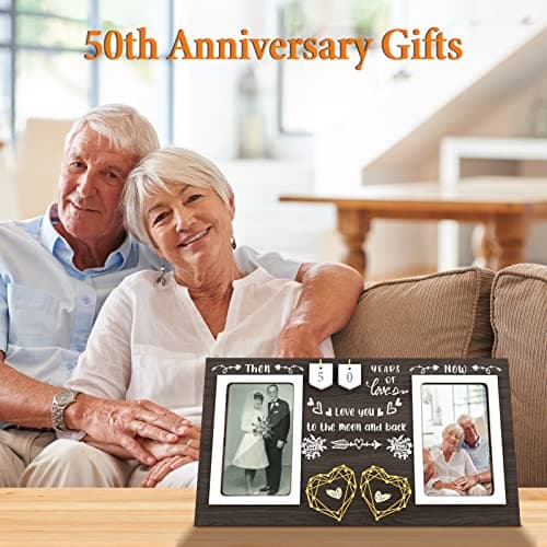 Then & Now Anniversary Picture Frame - 1-99 Years Anniversary Wedding Gift for Couple, Engagement Bridal Shower Gifts for Couples Wood Photo Frame Holds 2 4x6 Inches Photos
