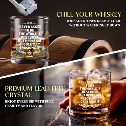 15 Pcs Boss Day Gifts for Men Whiskey Glass Set, Best Boss Ever Gifts with 11 Oz Whisky Glass Coaster Stones Socks Crystal Plaque Spiral Notebook Keychain, Bosses Inspirational Gift from Employees