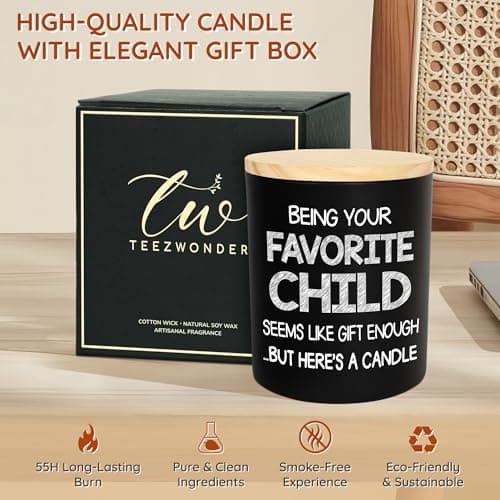 TEEZWONDER Birthday Gifts for Mom - Favorite Child Scented Candle Vanilla Lavender 10 oz - Christmas Funny Gifts for Mom Dad from Daughter Son, Grandma Grandpa Gift Ideas, Candle for Parents