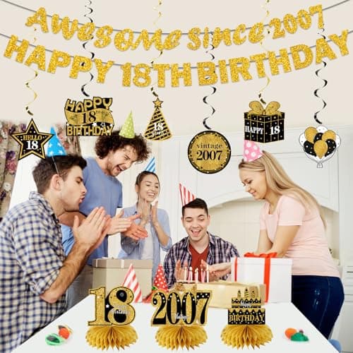 11Pcs 18th Birthday Decorations Kit for Men Women, Black Gold Happy 18th Birthday Banner, Awesome Since 2007 Centerpieces Swirls Party Supplies, Eighteen Bday Banner Ceiling Table Topper Sign