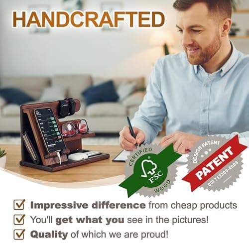 TESLYAR Wood Phone Docking Station for Men - Desktop or Nightstand Organizer - Birthday Gifts for Men, Dad - Anniversary Idea from Wife - Key Holder, Stand Wallet, Watch & Essentials (Bourbon Brown)