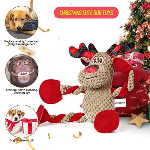 IOKHEIRA Christmas Dog Toys for Large Medium Small Breeds Dogs - Dog Toys Reindeer Squeaky Plush Stuffed Animals Dog Chew Toys with Cotton Material Crinkle Paper 25