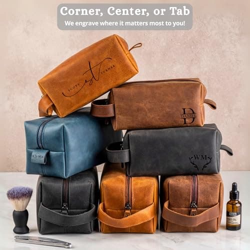 Personalized Leather Toiletry Bag for Men - Handmade Custom Engraved Dopp Kit, Perfect Gift for Dad, Husband, Birthdays & Anniversaries, Groomsmen Gifts, Travel Size Bag, Gifts for Him