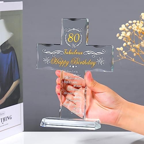 80th Birthday Religious Gifts for Women, Men, Friends, Grandma & Mom - Glass Stand Cross Engraved with 80 Year Old Birthday Blessing, Turning 80 Keepsake Home Decor