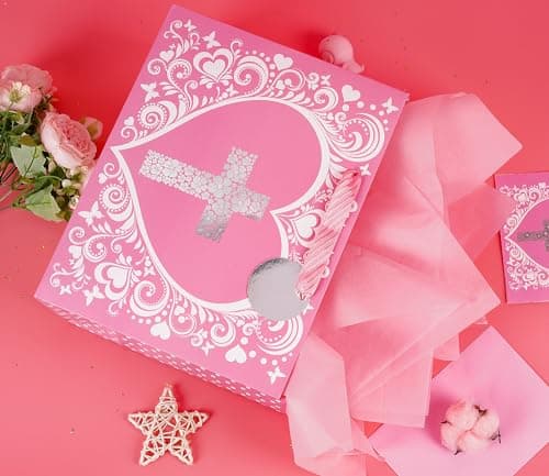 JWSCYSY 12.6" Large Pink Gift Bag with Metallic Silver Floral Cross Design, Card and Tissue Paper for Baby Girl Baptisms, Christenings, First Communions Religious