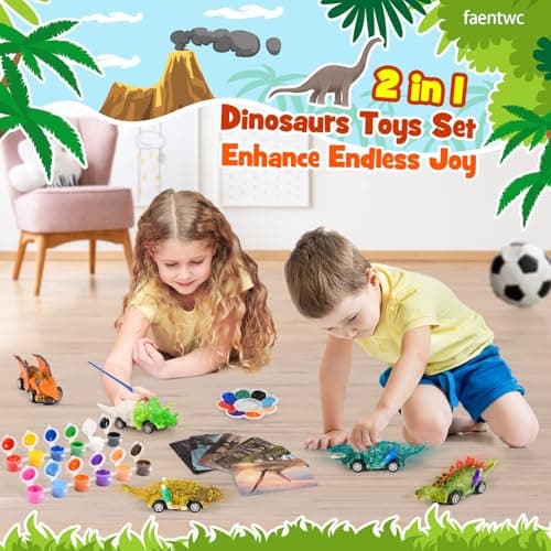 faentwc Dinosaur Painting Toys for Kids 5-7: 2 in 1 Dino Arts Painting Kits and Pull Back Cars Toy for Boys 4 5 6 7 8 9 10 Year Old Art & Craft Set for Girl DIY Easter Birthday Gifts for Kid Age 3-12
